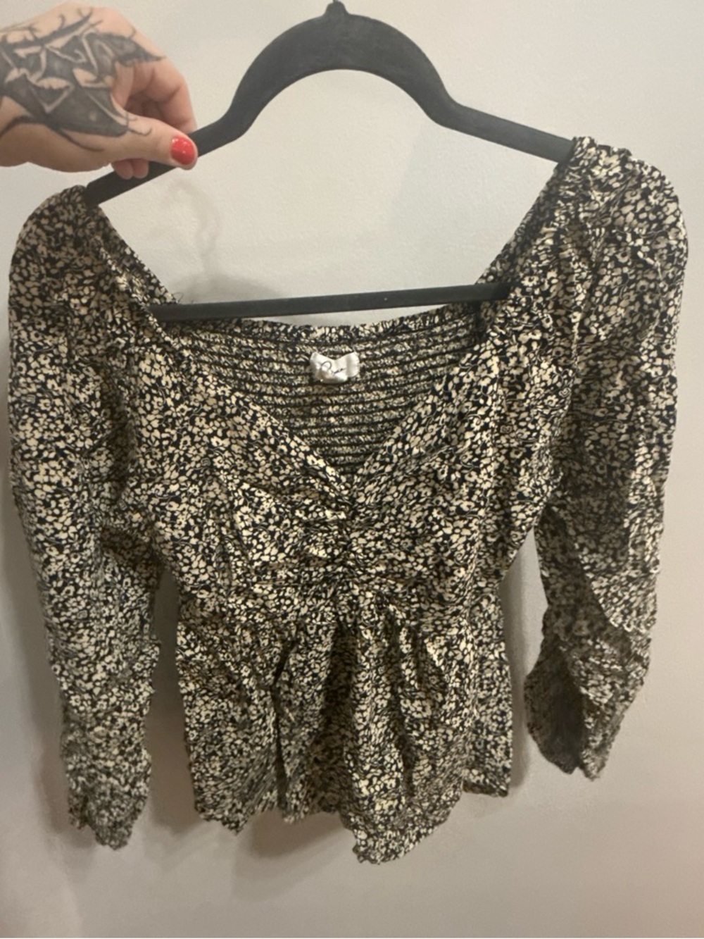 Smocked Floral Peplum Blouse in Black and Cream